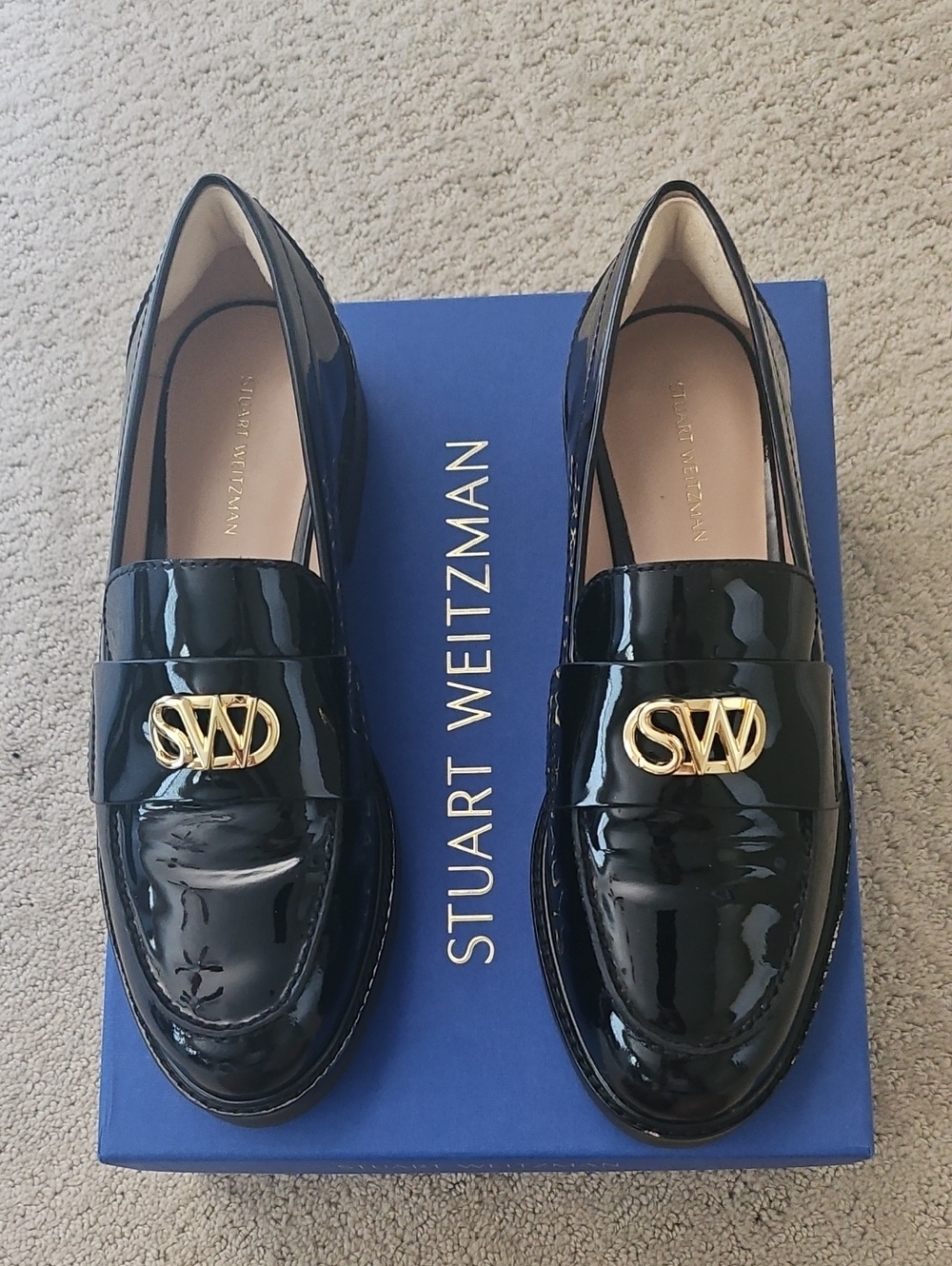 Stuart Weitzman Black Patent Loafers with Gold SW Logo